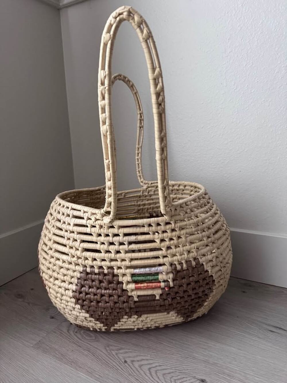 Vintage Handwoven Straw Raffia Tribal Large Basket with Handles